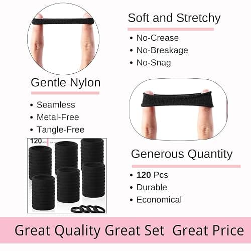 LuSeren 120PCS Black Hair Ties for Thick Hair – Seamless No Damage Elastic Ponytail Holders, Black Hair Band,Bulk Nylon Hair Elastics for Women thumbnail 3
