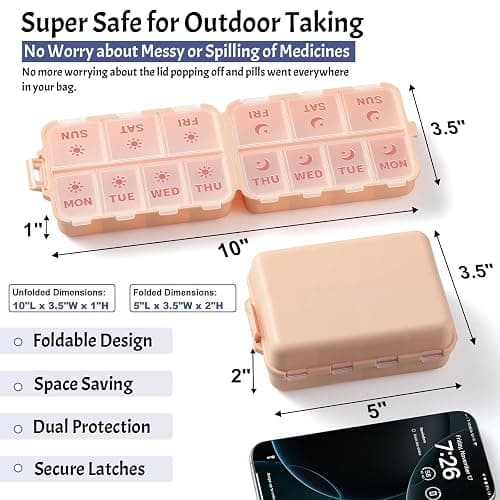 NEW Foldable & Double Protection Portable Weekly Pill Organizer 2 Times A Day with Etched Labels, AM PM 7 Day Week Medicine Box, Daily Travel Pill Case Holder Dispenser for Vitamin, Supplement - Pink thumbnail 3