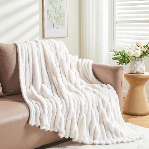 NEWCOSPLAY Super Soft Throw Blanket Ivory Premium Silky Flannel Fleece 3D Ribbed Jacquard Lightweight Bed Blanket All Season Use (Ivory Ribbed, Throw(50"x60")) thumbnail 9