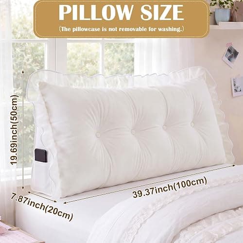 Leinuosen 39 in Ruffle Headboard Pillow for Dorm Twin XL College Bed Reading Bolster Dorm Velvet Triangular Bed Backrest Pillow Cushion for College Reading Support(White) thumbnail 2