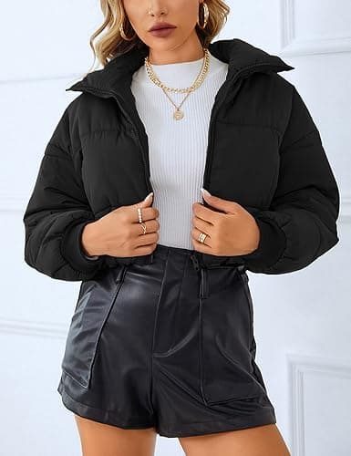 Lumister Womens Lightweight Quilted Jacket Long Sleeve Stand Collar Zipper Cropped Puffer Jacket Coat thumbnail 3