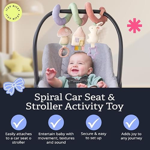 ITZY RITZY Spiral Car Seat & Stroller Activity Toy; Includes Clinking Rings, Mirror and Textured Ribbons; Pastel Rainbow thumbnail 4