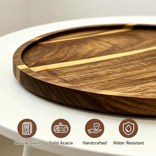 11.5" Round Acacia Wood Serving Tray | Natural Wooden Decor Food Tray for Ottoman, Couch & Coffee Table, Daily Home Use thumbnail 4