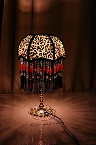 Rynbble Vintage Leopard Print Table Lamp with Black Tassels & Red Beads, Victorian Style Nightstand Lamp, Gold Brass Base, Retro Bohemian Accent Light for Bedroom, Living Room, Home Office thumbnail 3