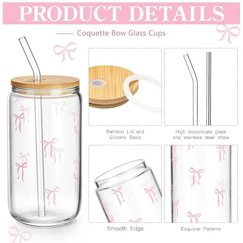 Cute Glass Cup with Lids and Straws,Cute Glass Cups Pink Bow Iced Coffee Cup,Drinking Jar Beer Cups,Gifts for Teen Girls Daughter, Sister, Mom, Classmates, Coworkers, Teachers 16 oz thumbnail 7