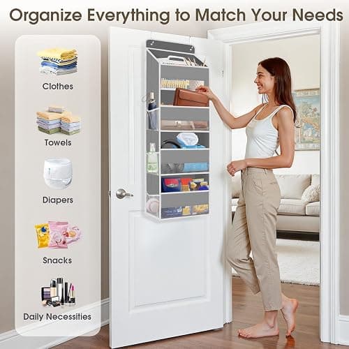 SpaceHacks 1 Pack Over The Door Organizer, Hanging Storage Organizer with Clear Window, 40lb Ultra Sturdy Large Capacity Room Organizer for Pantry Laundry Bathroom Nursery Closet Baby Essential (Grey) thumbnail 6