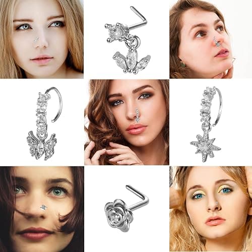 SAMOCO 20Pcs 20G Dangle Nose Ring L Shaped Dangling Nose Stud for Women Stainless Steel Nose Ring Studs CZ Flower Dangle Nose Rings Hoops Nose Piercing thumbnail 4
