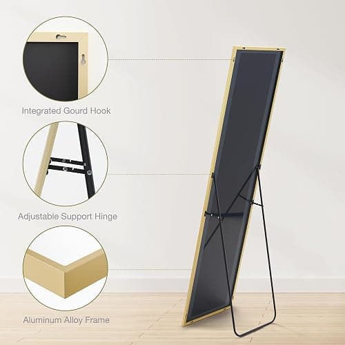 Sweetcrispy 59"x16" Full Length Mirror, Standing or Leaning Full Body Mirror with Aluminum Alloy Thin Frame, Suitable for Bedroom or Cloakroom,Gold thumbnail 5