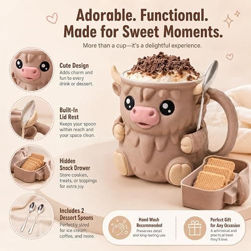 Highland Cow Ice Cream Pint Holder with 2 Spoons, 16 oz, Light Brown | Fits 16 oz ice cream pints with a built-in lid rest, topping drawer, and 2 spoons thumbnail 6