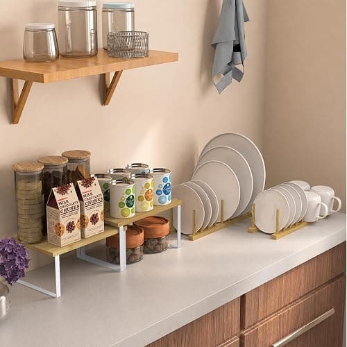 Plate Organizer for Cabinet - 4 Pcs Stackable Plate and Bowl Organizer Set with 2 Cabinet Shelves and 16-Slot Dish Rack for Plates, Bowls, Cups and Pot Lids | Reinforced structure, high load-bearing, deformation resistant, fast draining, space saving, multi-scene use, quick assembly thumbnail 6