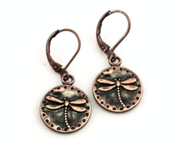 Antiqued Copper Dragonfly Lever Back Earrings - Image 1