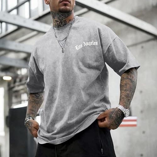 Bobeutou Oversized Graphic Tshirts for Men Los Angeles Vintage Tees Streetwear Acid Wash Baggy Cool Shirts Casual Tops thumbnail 2