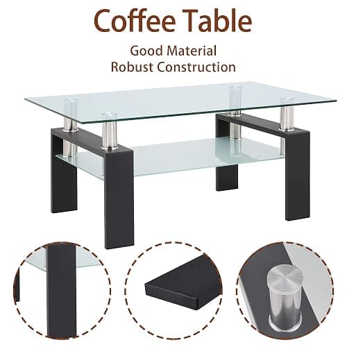 IANIYA Coffee Table with Metal Tube Legs, Glass and Rectangle End Table for Livingroom (Black) thumbnail 8