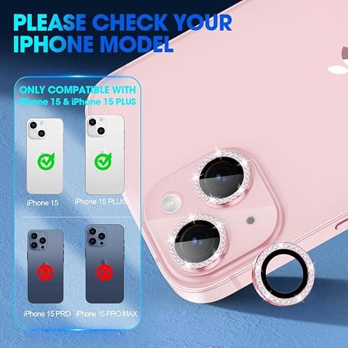 Xfilm Camera Lens Protector Compatible for iPhone 15/15 Plus Bling, Individual Metal Diamond Ring 9H Hardness Scratchproof Protector, Stylish Accessories, Case Friendly (Pink Diamond) thumbnail 2