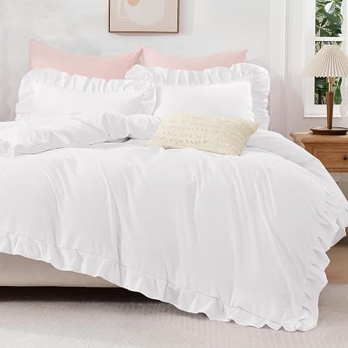 Andency White Ruffle Duvet Cover Queen(90x90Inch), 3 Pieces Soft Washed Microfiber Vintage Shabby Chic Farmhouse Ruffled Duvet Cover Set with Zipper Closure & Corner Ties thumbnail 8