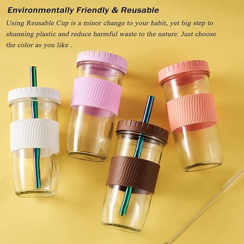 Amyoole 2 Pack Reusable Boba Cup,24Oz Wide Mouth Smoothie Cup,mason Jar Glass Cups with Lids and Straws,Bubble/Boba Tea Cups,Ice Coffee Tumbler 2 colored straws 1 sponge brush(Brown) thumbnail 7