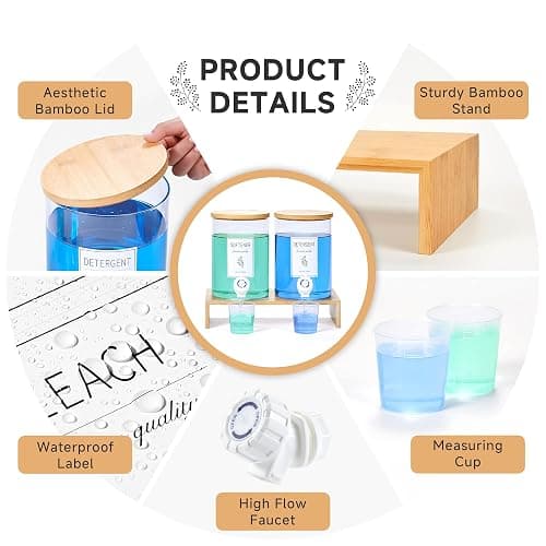 Glass Laundry Detergent Dispenser with Shelf & Bamboo Lid - 120 Oz Liquid Detergent, Laundry Soap & Fabric Softener Dispenser for Laundry Room Organization and Storage with 2 Cups & 8 Labels thumbnail 2