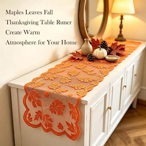 Fall Table Runner Fall Decorations for Home 13 x 72 Inch Maples Leaves Lace | Fall Decor Orange Runners Thanksgiving Table Runner Autumn Harvest Thanksgiving Decorations for Table Kitchen Dining Party thumbnail 6