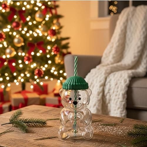 EXQUILEG Cute Bear Glass Tumbler with Straw and Lid 20oz, Insulated Cup for Iced Coffee, Bubble Tea, Smoothie, Beer, and Cocktails thumbnail 5