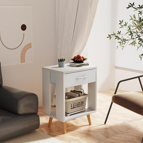 Nightstands Set of 2 with Fabric Storage Drawer and Open Wood Shelf, Side Table with Storage for Bedroom, Bedside Tables - 23.7" H White thumbnail 2