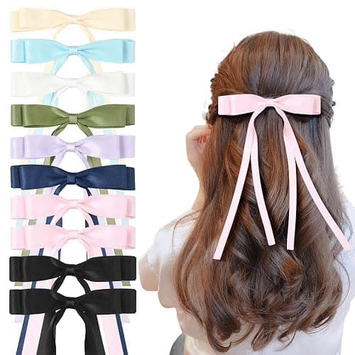 WORTL 10 PCS Satin Hair Accessories: Double Hair Ribbon Ponytail Holders, Metal Hair Clips and Bows for Women and Girls in Black and White - Image 1