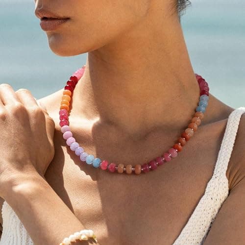 KELORIS PATH Beaded Gemstone Necklaces for Women | Colorful 16'' Bead Natural Stone Choker, Handmade Summer Jewelry for Beach with 14K Gold Plated Spring Ring Clasp thumbnail 3