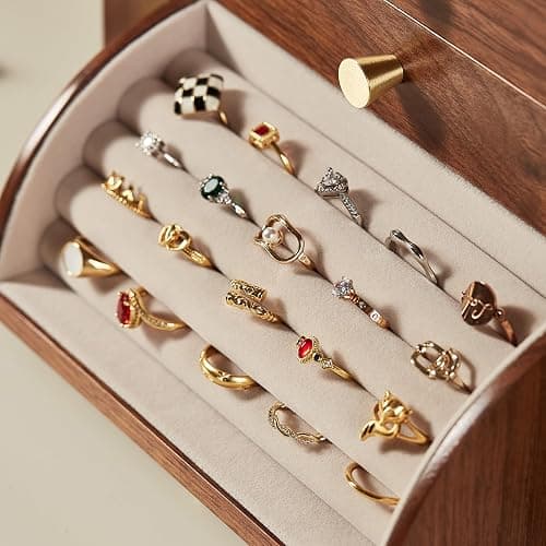 Homruilink Black Walnut Wooden Jewelry Box, Wood Jewelry Organizer with 2 Side Doors Mirror Lockable Classical for Watch Necklace Ring Earring Storage Christmas Gifts-4 Layer with Curved Ring Grooves thumbnail 9