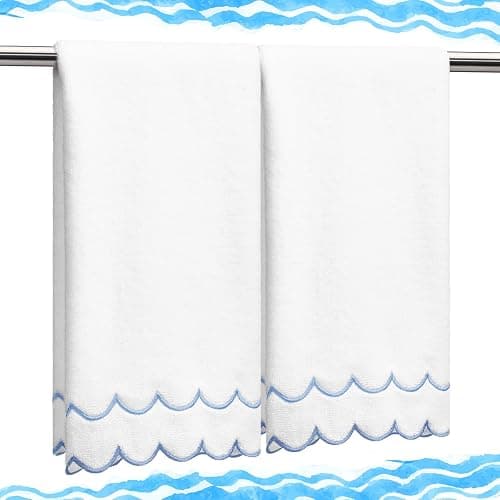Hahafelt 2 Pcs Scalloped Hand Towels 100% Cotton Hand Towels for Bathroom 15.75 x 27.56 Inch 600 GSM Cute Soft Absorbent Embroidered for Hotel Spa Sport Yoga(Blue,Classic) - Image 1
