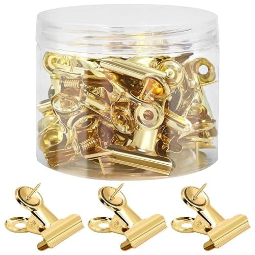 Golden Push Pins Clips (30 Pcs), Upgraded Thumb Tacks with Metal Clips for Cork Board, Bulletin Board Photos Notes Documents, No Hole Paper Clips Durable Office and School Supplies with Stronger Glue thumbnail 2
