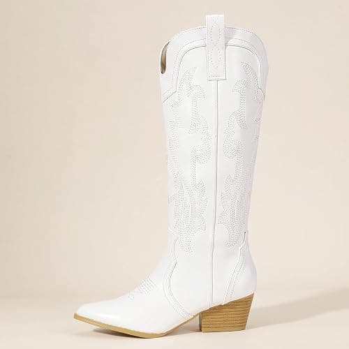 IDIFU IN2 Cowboy Boots For Women Cowgirl Knee High Western Tall Boots Chunky Low Pointed Toe Heel Boots Fashion Booties for Women Embroidered Wedding Country Concert Boots thumbnail 5