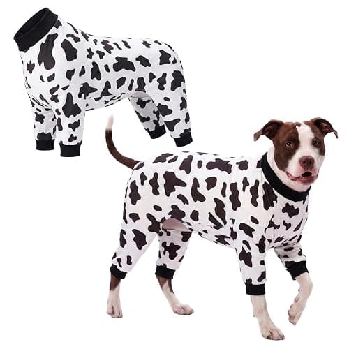 LovinPet Large Dog Pajamas, All-Season Animal Print, White, XL | 4-Leg Cotton Blend Bodysuit; Ribbed Cuffs; Warm Pajamas for Pitbulls and Big Breeds; Black; Large Breed Dog Jammies - Image 1