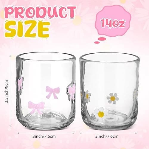 Skylety 2 Pack Icon Juice Glass Cup Pink Bow Coquette Daisy Flower Cup 14 oz Aesthetic Double Vintage Glasses for Valentine Gifts Woman Friend Summer Party Scotch Cocktail Juice Drinks Party Favors thumbnail 3