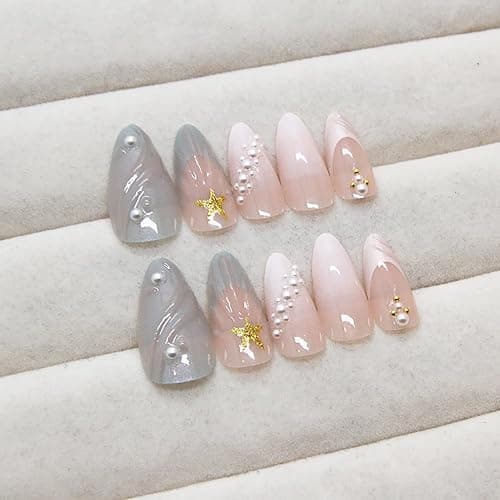 ZRETHFB 24Pcs Summer Press-on Nails Medium Almond Gel False Nails with 3D Pearl Seashell Designs Gold Star French Tip Stick-on Nails for Women thumbnail 3