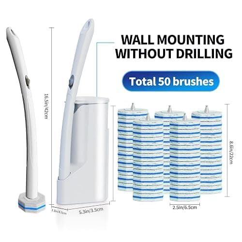 Disposable Toilet Brush Cleaning System with 50pcs Refills Pads Replacement Heads, Toilet Cleaning Stick, Wall Mounted Toliet Wand Kit Bathroom Maintenance, Toilet Bowl Cleaner Wands Holder and Set thumbnail 2