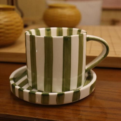 CACXKEP 8 Oz Coffee Mug Large Espresso Cups With Saucer Ceramic Coffee Mugs Porcelain Coffee Cup With Saucer Hand-Painted Striped Art Cup And Saucer,C thumbnail 8