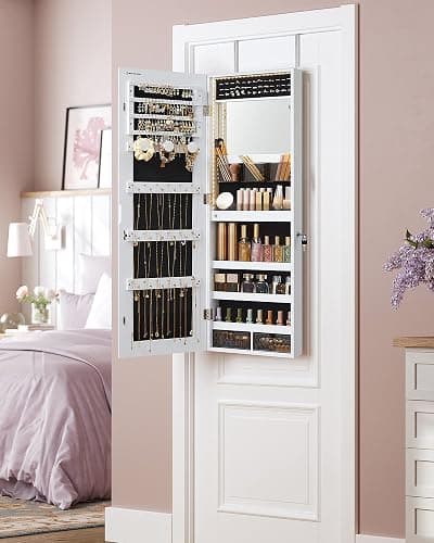 SONGMICS Mirror Jewelry Cabinet Armoire Organizer, Wall or Door Mount Storage Cabinet with Full-Length Frameless Lighted Mirror, Built-in Makeup Mirror, 2 Drawers, Lockable, White UJJC013W01 thumbnail 2