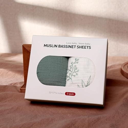 Muslin Bassinet Fitted Sheets, 2 Pack for Baby Boy and Girl, Soft Breathable Stretchy Baby Pad/Mattress Sheet Set, Universal Fit for Hourglass Oval and Rectangle Bassinet Mattress (Natural Leaves) thumbnail 2