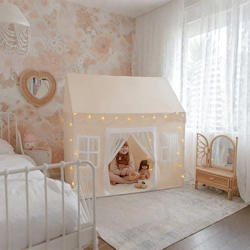 Tiny Land Play Tent with Padded Mat & LED Lights, Kids Tent, Playhouse for Kids, Indoor Bed Tent for Toddler, Toys for 3,4,5,6-Year-Old Girls, Neutral Color Play Room Furniture thumbnail 3