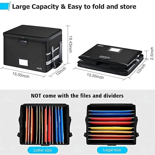 JALIELL File Box with Lock - Fireproof Document Box File Organizer with Zipper & Adjustable Handle, Collapsible File Storage Box for Home Office, Filing Cabinet for Hanging Letter/Legal Folder thumbnail 2