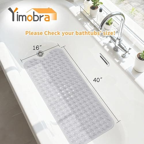 Yimobra Non Slip Bathtub Mat 40"x16", Super Strong Suction Cups, Extra Long Shower Mat with Drain Holes, Machine Washable Fast Draining Bathroom Floor Mat, Clear Grey thumbnail 2