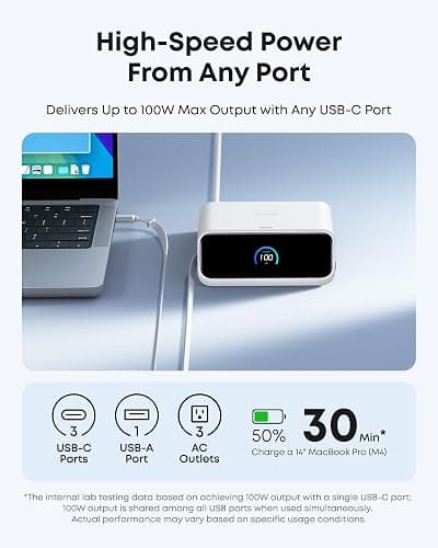 Anker Nano Charging Station, 7-in-1 USB-C Power Strip for iPhone 16, 2.3 ft Anker InstaCord Retractable Cable, 3 USB-C, 1 USB-A, 3 AC, 100W Desktop Fast Charging for MacBook, Home, Office(Non-Battery) thumbnail 5