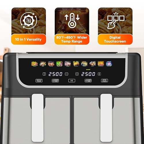 NEWBULIG Dual Air Fryer with 2 Baskets 9.5 QT, 10 in 1 Large Air Fryers with Ceramic Crisper Plate, Match Cook, Sync Finish, Shake Reminder, 80-450°F Wide Temp, Roast, Defrost, Dehydrate, Bake, Black thumbnail 5