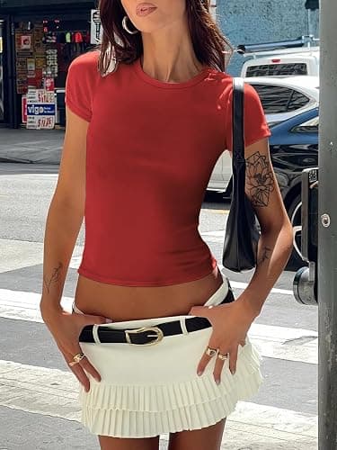 MIROMIHO Womens T Shirts Modal Breathable Basic Scoop Neck Short Sleeve Crop Tops Cute Summer Tops Slim Fit Y2k Tees - Small - Red thumbnail 4