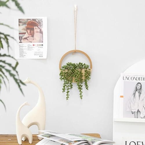 Floweroyal 2pcs Artificial Succulents Hanging Plants 12.2'' Fake String of Pearls in Pot with 8.3'' Lanyard for Indoor Outdoor Wall Decor（Wood Color）. thumbnail 8