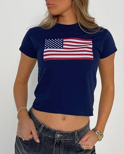 Women American Flag Graphic Crop Tops Independence Day Y2k Baby Tee for Teen Girls 4th of July Cropped Tshirt thumbnail 5