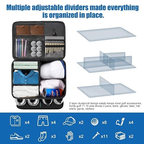Golf Trunk Organizer for Car SUV with Shoe Compartment & Divider | 2-Layer Golf Storage Bag for Balls, Tees, Accessories | Waterproof Golf Locker Gift for Men, Dad, Golfers thumbnail 3