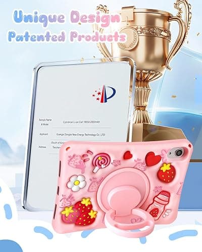 Boaretiu for iPad mini 7 A17 Pro Case for iPad mini 7th/6th Generation - Soft Silicone Cute Cartoon with Shoulder Strap & Rotating Stand Kawaii for Women Girls Girly Kid Teens Cover, Strawberry thumbnail 3