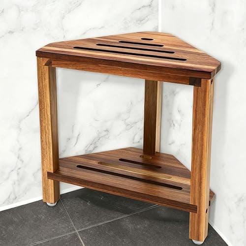 IBosins Corner Shower Stool 14in Small Bench Storage Shelf Natural Finish | Acacia Wood Shower Chair for Inside Shower Foot Rest for Shaving Legs Wooden Seat for Bathroom Living Room Bedroom - Image 1