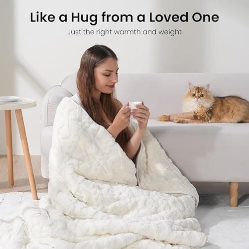 Drewin Weighted Blanket 15lbs Queen Size, Soft and Thick Jacquard Sherpa Heavy Blanket for Calming and Relax, Dual Sided Ultra Soft Fuzzy Throw Blanket with Ceramic Beads, 60 x 80 inches, Cream White thumbnail 5