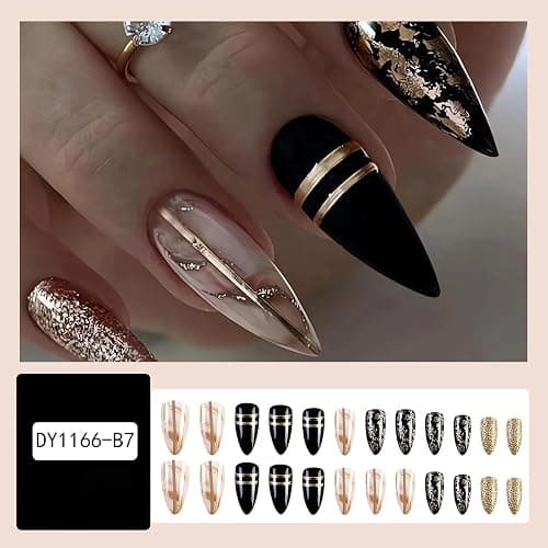 Black Amber Press on Nails Almond Fake Nails Medium Length Gold Foil Glue on Nails with Designs False Nail Tips Exquisite Almond Shape Stick on Nails Medium Artificial Nails for Women 24Pcs thumbnail 2